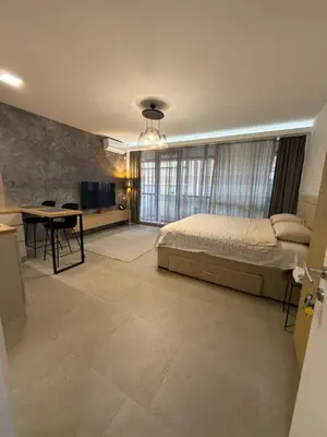a bedroom with a bed and a table and a television at Apartment Niš in Niš