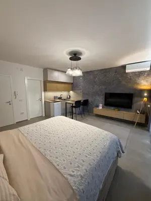 a bedroom with a large bed and a kitchen at Apartment Niš in Niš