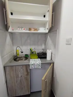 a small kitchen with a sink and a counter at Vikendica Aki in Zaječar