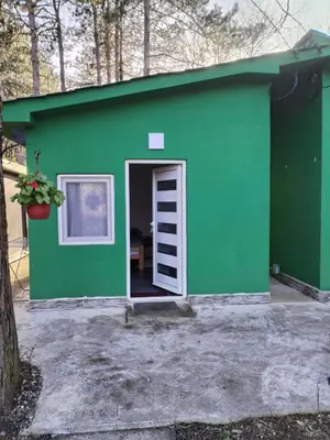 a green building with a door and a ladder at Vikendica Aki in Zaječar
