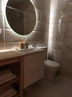 a bathroom with a sink and a mirror and a toilet at Tesla 30 in Kruševac