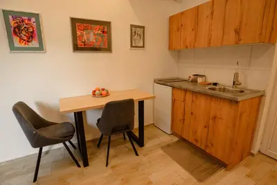 a kitchen with a table and chairs and a sink at Sen's Studio in Leskovac