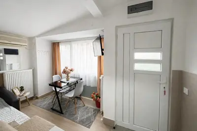 a room with a door and a desk in a room at Nilton 2 Apartmans in Niš