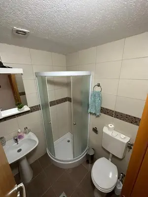 a bathroom with a shower and a toilet and a sink at Apartmani Ušće in Trstenik