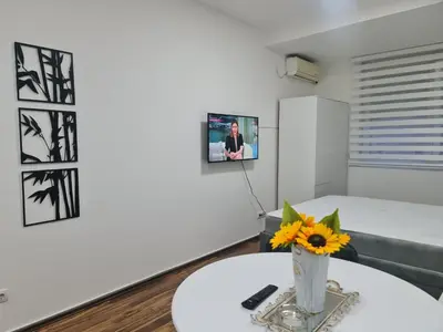 a living room with a table and a vase with a flower at Babuska studio in Jagodina