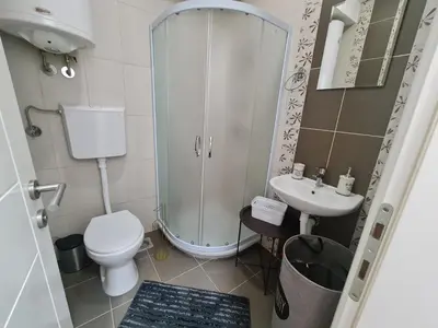 a bathroom with a shower and a toilet and a sink at Babuska studio in Jagodina
