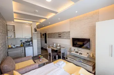 a room with a kitchen and a living room at Alethea Lux Apartments, Milmari Resort Kopaonik in Kopaonik