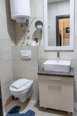 a bathroom with a sink and a toilet and a mirror at Alethea Lux Apartments, Milmari Resort Kopaonik in Kopaonik