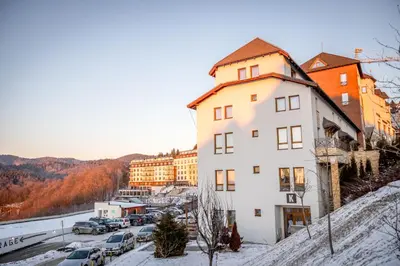 a building on a hill with snow on the ground at Alethea Lux Apartments, Milmari Resort Kopaonik in Kopaonik