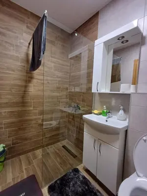 a bathroom with a shower and a sink and a toilet at Dva brata in Soko Banja