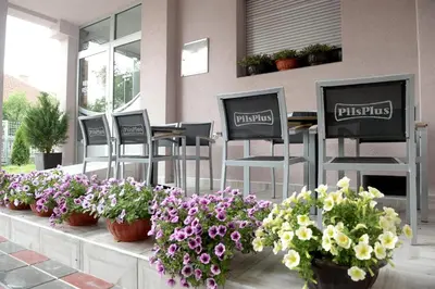 a bunch of flowers sitting on a table with chairs at Guesthouse Đokić in Leskovac