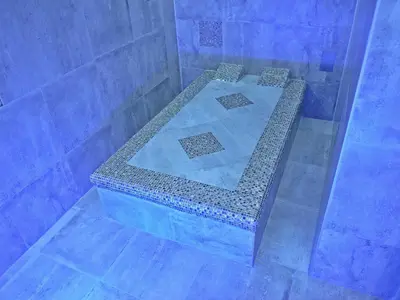 a blue shower with a bench in the middle at Guesthouse Đokić in Leskovac