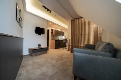 a living room with a blue couch and a kitchen at Apartments Suncani Vrhovi Kopaonik in Kopaonik