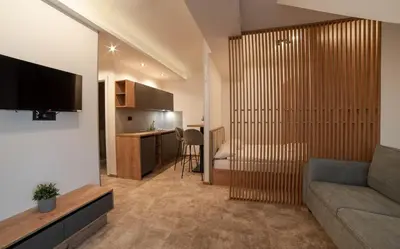 a living room with a couch and a kitchen at Apartments Suncani Vrhovi Kopaonik in Kopaonik
