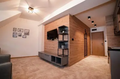 a living room with a large wooden wall at Apartments Suncani Vrhovi Kopaonik in Kopaonik