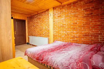 a brick walled bedroom with a bed in a room at STD Stara Vodenica in Crni Vrh