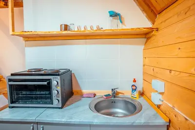 a kitchen with a sink and a microwave at STD Stara Vodenica in Crni Vrh
