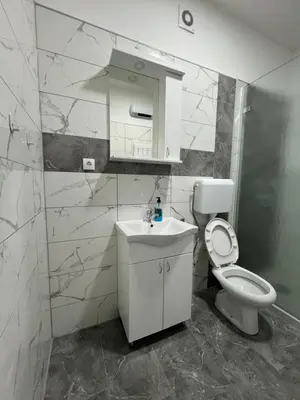 a white bathroom with a toilet and a sink at Apartmani Ćosić - Kuršumlijska banja in Kursumlijska Banja