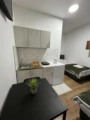 a kitchen with a sink and a table in a room at Apartmani Ćosić - Kuršumlijska banja in Kursumlijska Banja
