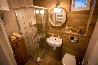 a bathroom with a shower toilet and a sink at Pukikop Apartman in Kopaonik