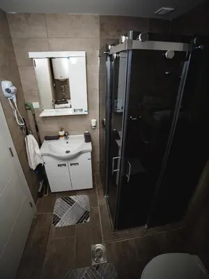 a bathroom with a shower and a sink at Apartman VELUK in Vrnjci