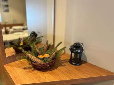 a counter with a basket of pine cones and a candle at Apartmani Kilijan Kopaonik in Kopaonik