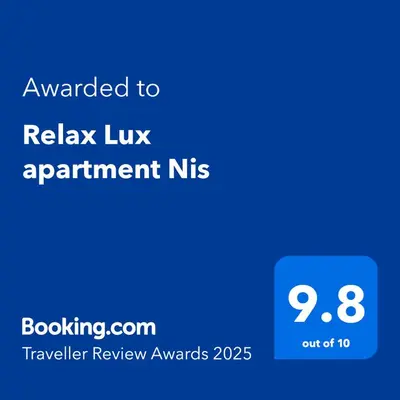 a blue text box with the text awarded to relax lux apartment nhs at Relax Lux apartment Nis in Niš