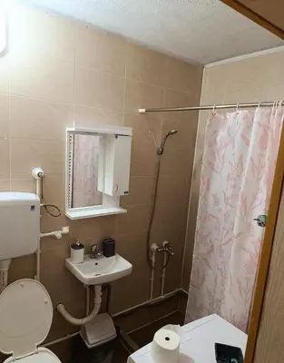 a bathroom with a toilet and a sink and a shower at Apartman Lara in Kuršumlija