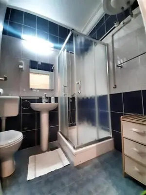 a bathroom with a shower and a toilet and a sink at Yellow Diamond in Niš