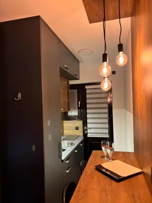 a kitchen with a wooden table with wine glasses on it at Stan na dan Kutak in Raška