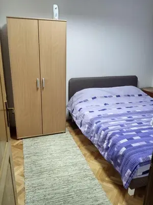 a bedroom with a bed and a cabinet and a rug at Apartman Mladenovic Center, free parking&wifi in Vranje