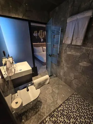 a bathroom with a sink and a toilet and a shower at Hotel Vojvoda Putnik in Vranje