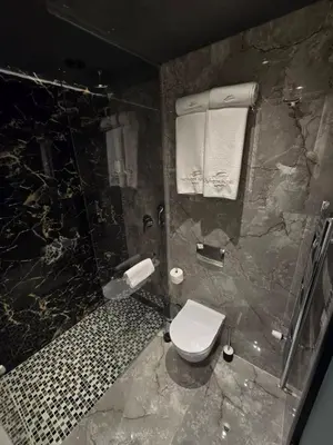 a marble bathroom with a toilet and a shower at Hotel Vojvoda Putnik in Vranje