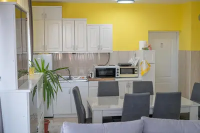 a kitchen with white cabinets and a table with a microwave at SD PRENOĆIŠTE in Vranje
