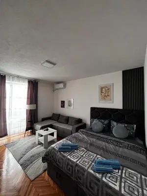 a living room with a bed and a couch at Apartman RISTIC in Vranje