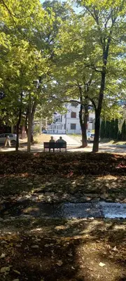 a park bench in the middle of a park with trees at Apartman Mila 23 Vrnjačka Banja in Vrnjačka Banja