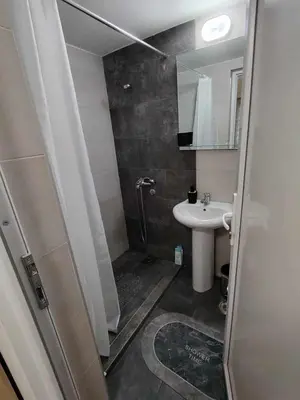 a small bathroom with a shower and a sink at AGAPE in Leskovac