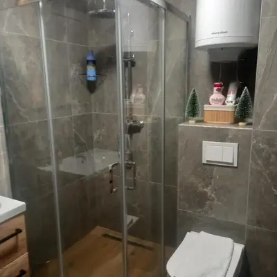a shower with a glass door in a bathroom at Jigy Kop in Kopaonik