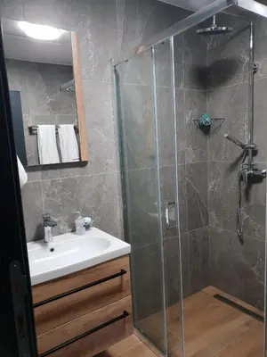 a bathroom with a shower and a sink at Jigy Kop in Kopaonik