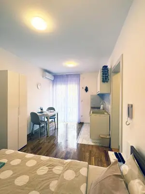 a room with a bed and a table and a kitchen at Studio GAGI in Vrnjačka Banja