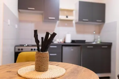 a vase sitting on top of a table in a kitchen at Studio Iris 2 in Niš