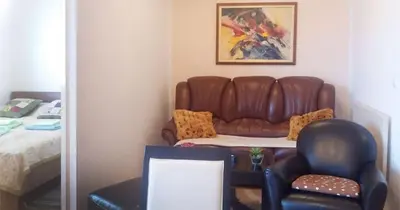 a living room with a leather couch and a chair at Apartman Pazova in Soko Banja