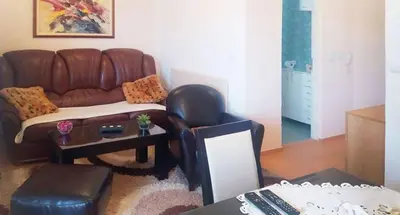a living room with a brown leather couch and a table at Apartman Pazova in Soko Banja