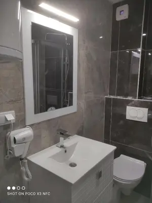 a bathroom with a sink and a toilet and a mirror at Central Lux ( U CENTRU GRADA, 30m od SPA centra) in Soko Banja