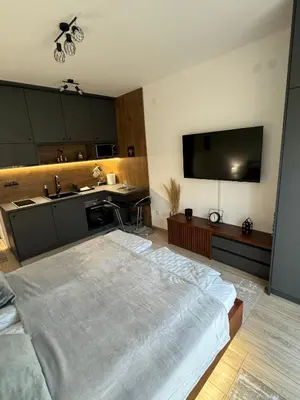 a bedroom with a large bed and a kitchen at Apartmani Viver Vrnjačka Banja in Vrnjci