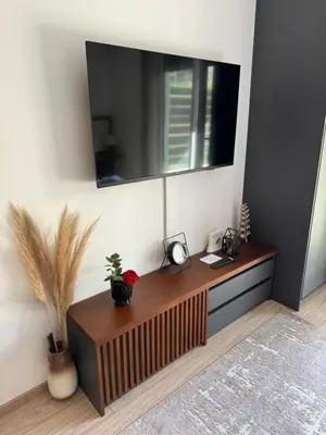 a living room with a television on a wall at Apartmani Viver Vrnjačka Banja in Vrnjci