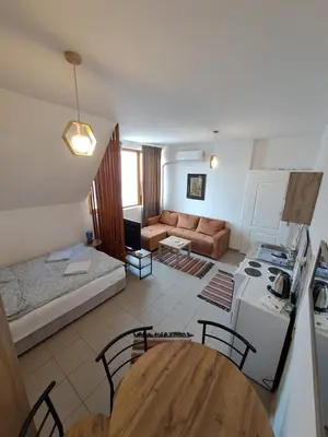 a kitchen and a living room with a couch and a table at Sofi III in Niš