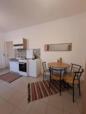 a kitchen with a table and chairs in a room at Sofi III in Niš