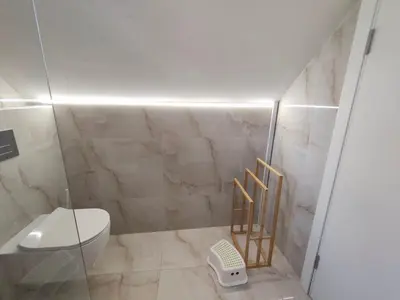 a bathroom with a toilet and a glass shower at Apartman TERASA in Beljevina