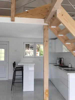 a kitchen with white cabinets and a wooden ceiling at Apartman TERASA in Beljevina